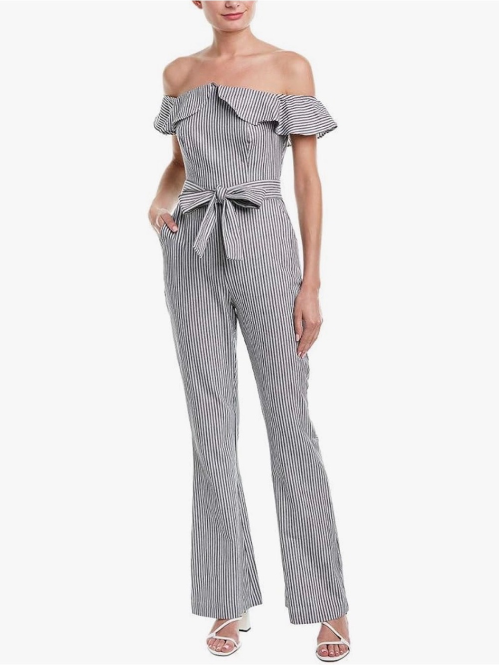 BCBGeneration Black & White Striped Off-the-Shoulder Jumpsuit